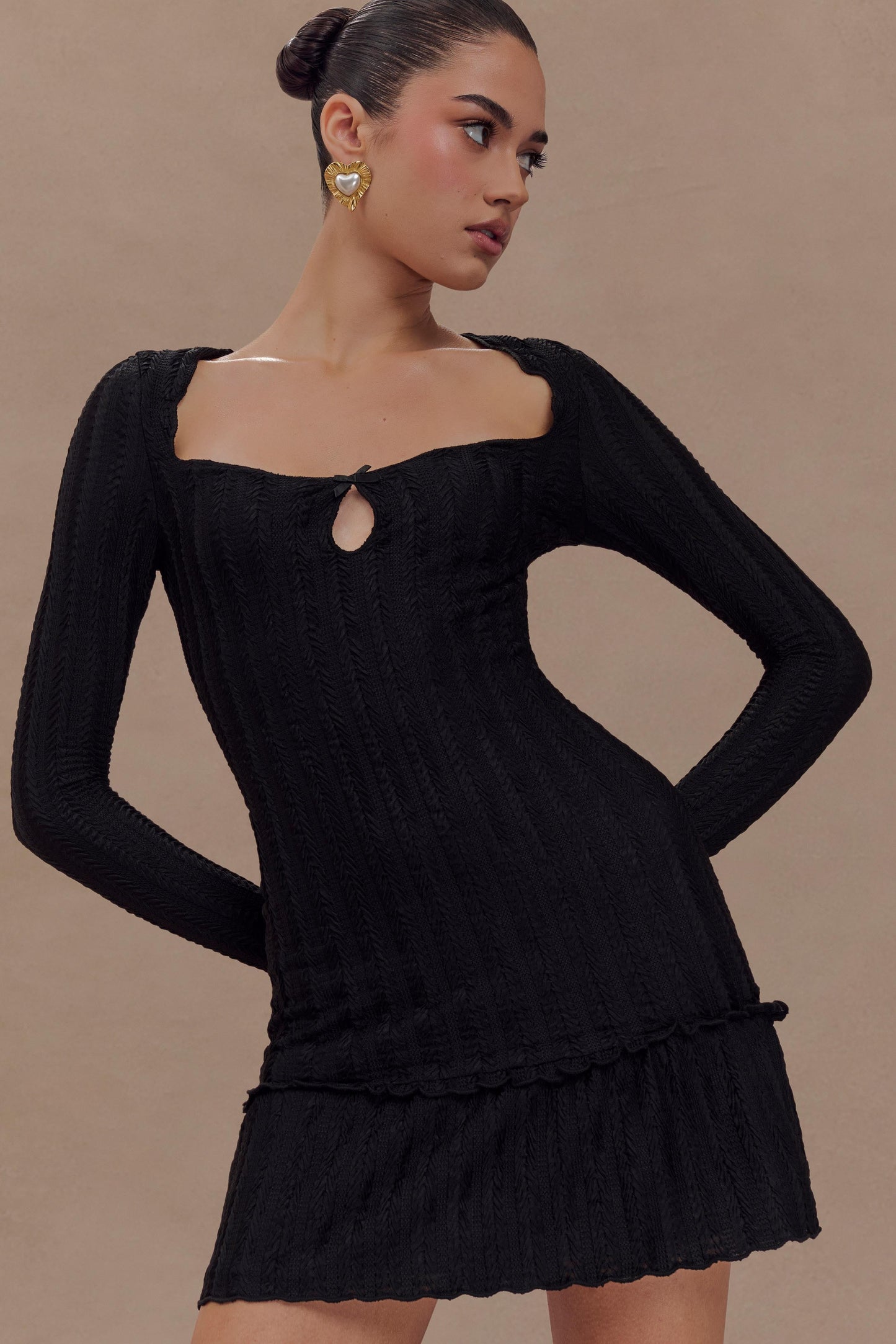 Vestido minúsculo de manga larga Daphne Pointelle - Negro