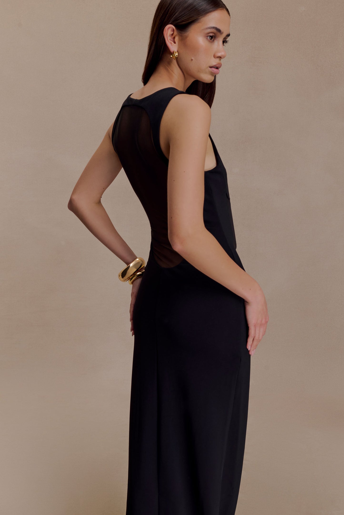 Vestido largo Marlon de crepé y malla - Negro