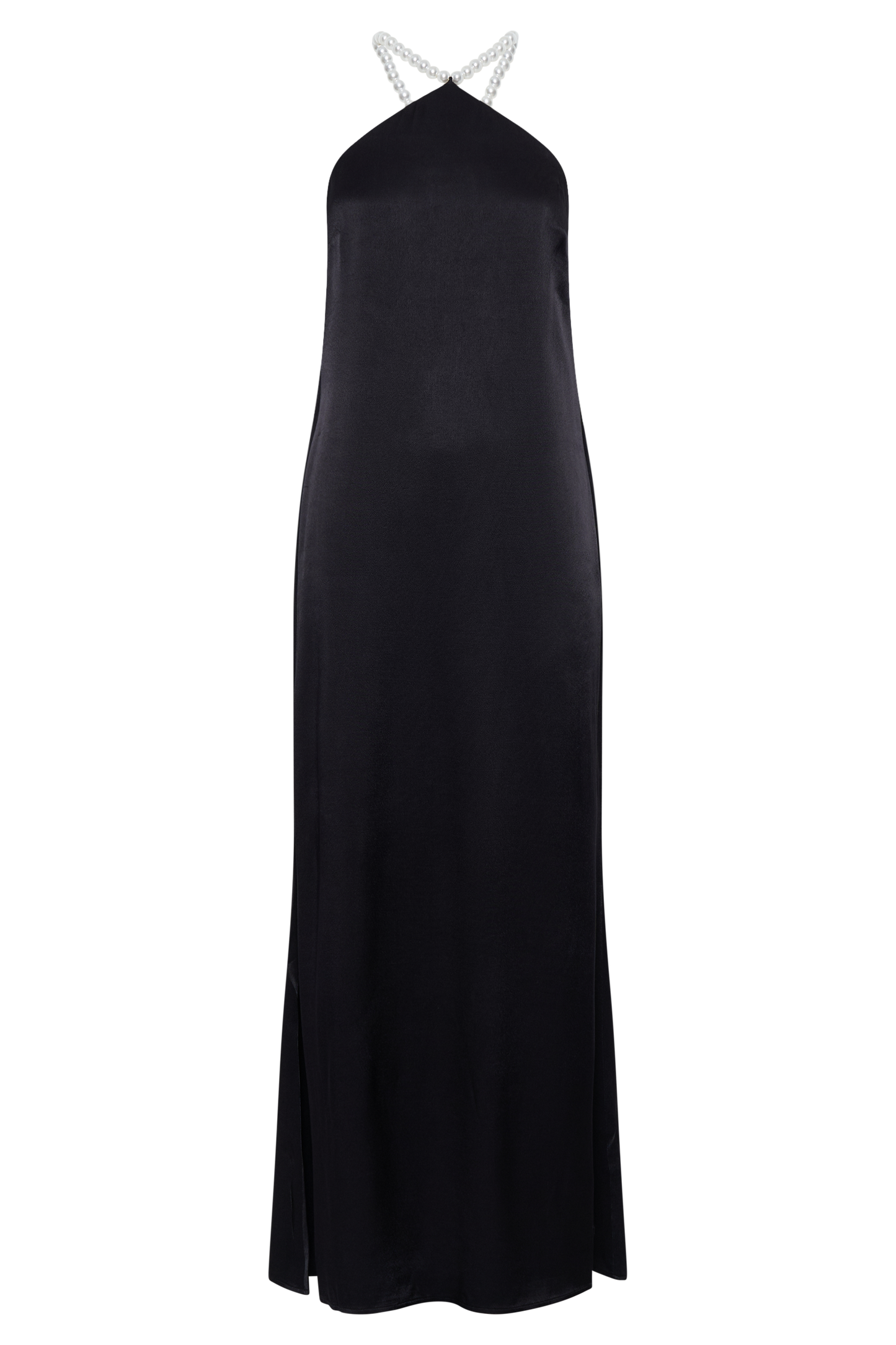 Vestido Maxi de Seda Satinada Blanca con Escote en Cuello Halter - Negro
