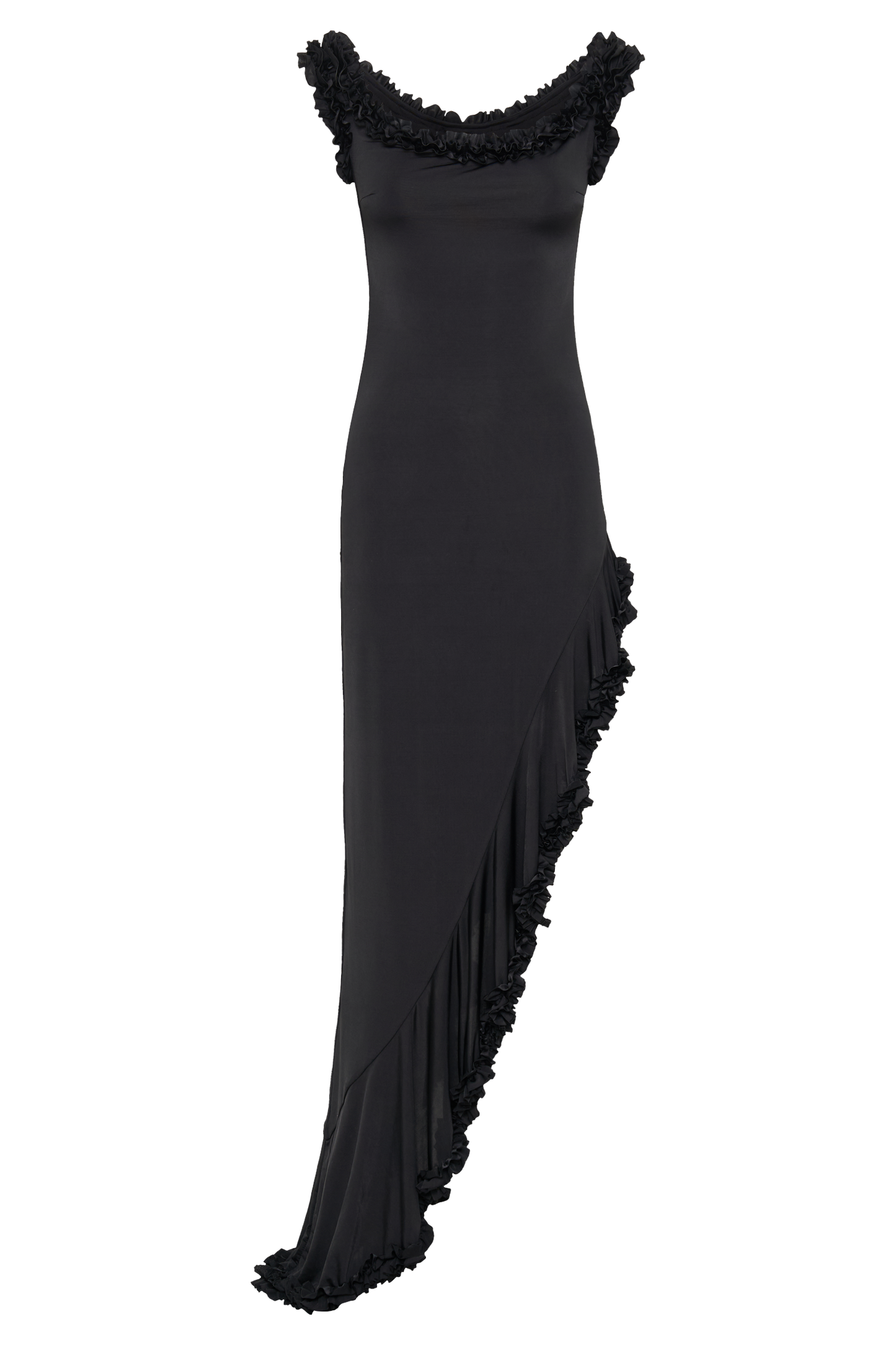 Vestido midi de hombro descubierto con volantes Arielle - Negro