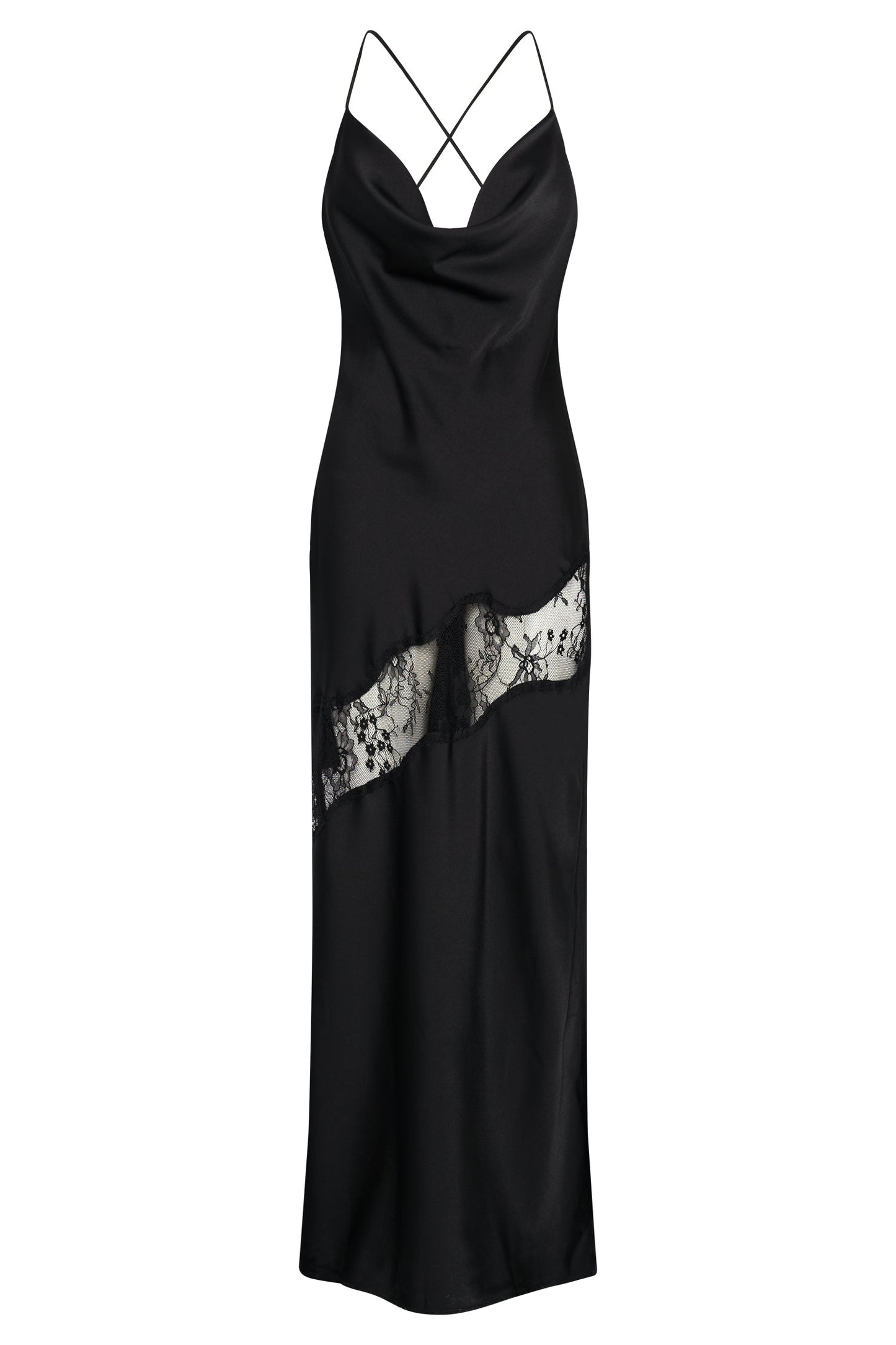 Vestido largo de satén con detalles de encaje Chandra - Negro