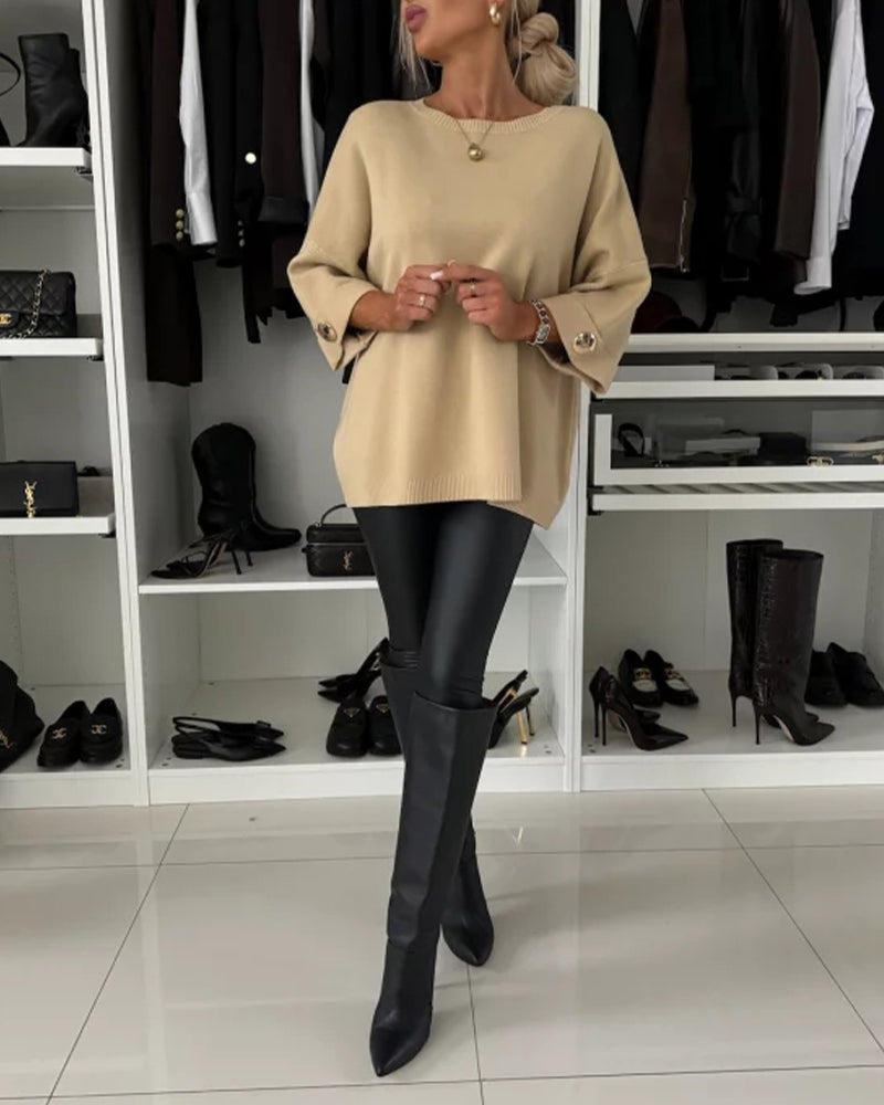 Pull de tendencia con botones y cuello redondo de color sólido