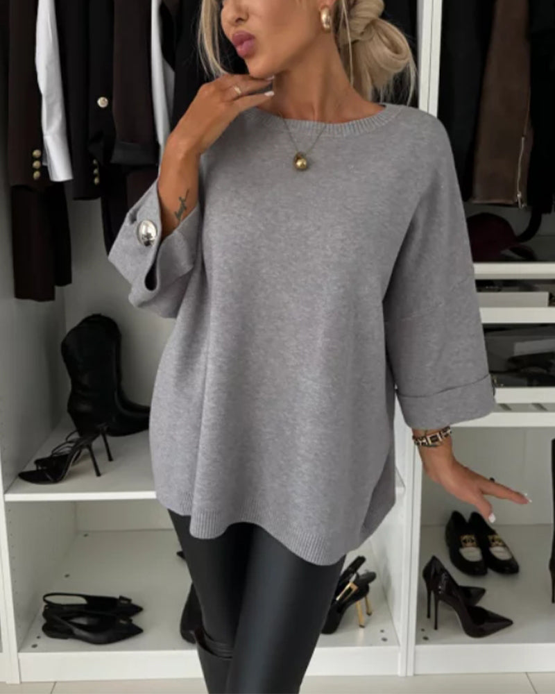 Pull de tendencia con botones y cuello redondo de color sólido