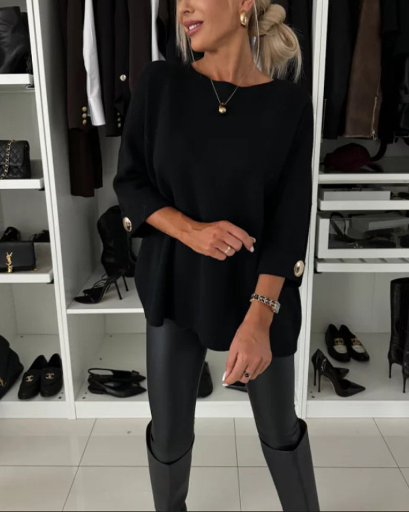 Pull de tendencia con botones y cuello redondo de color sólido