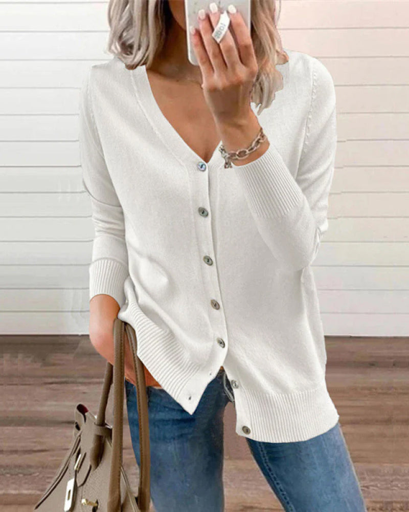 Blusa tricotada lisa con cierre de botones y escote en V para mujeres
