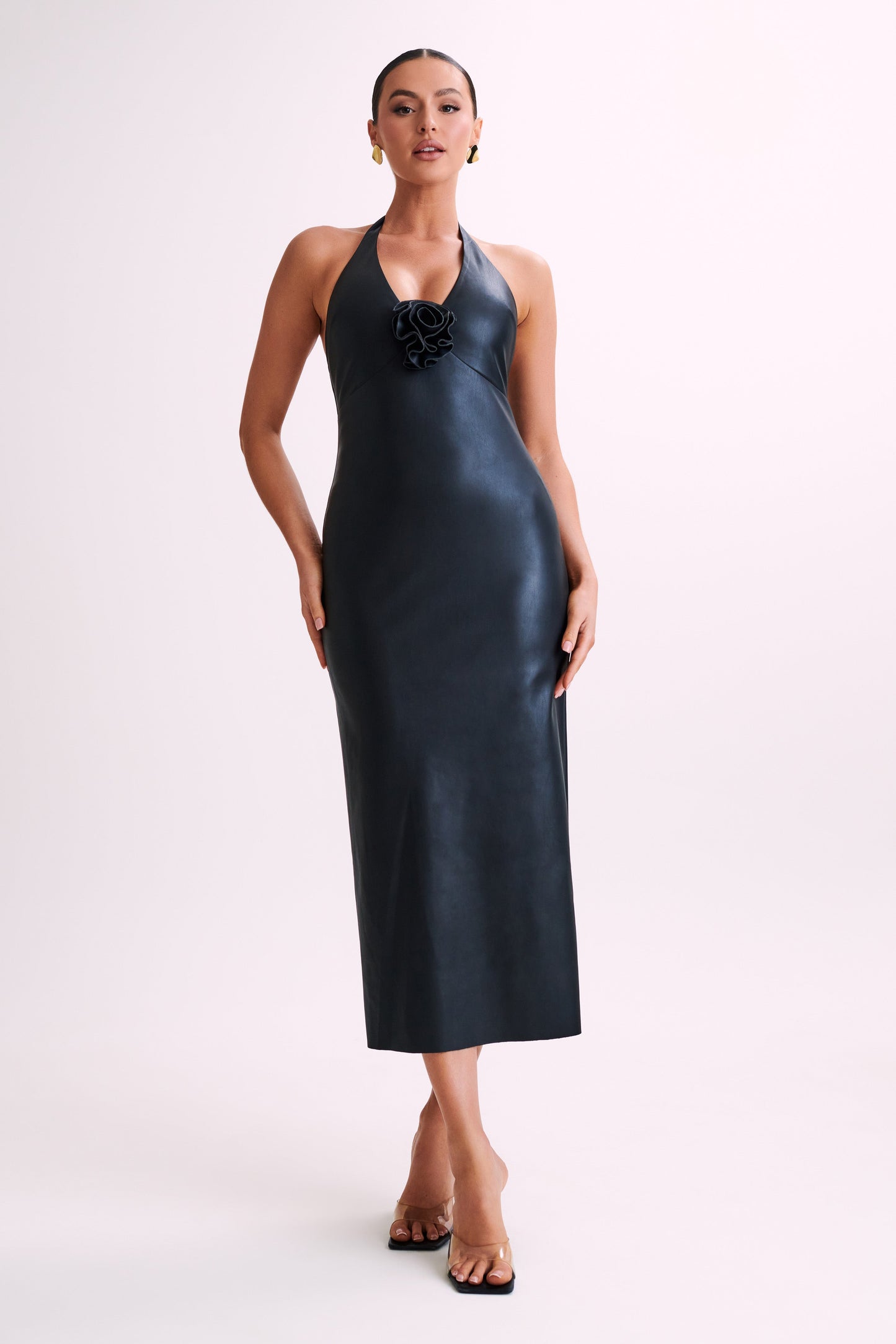 Vestido midi de imitación de cuero con lazo Dori en rosa - Negro