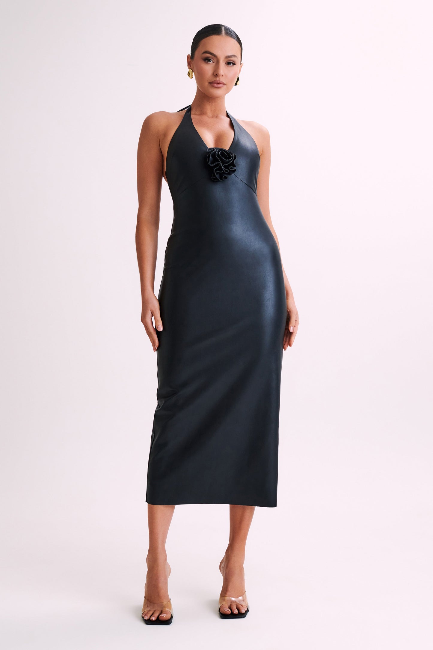 Vestido midi de imitación de cuero con lazo Dori en rosa - Negro