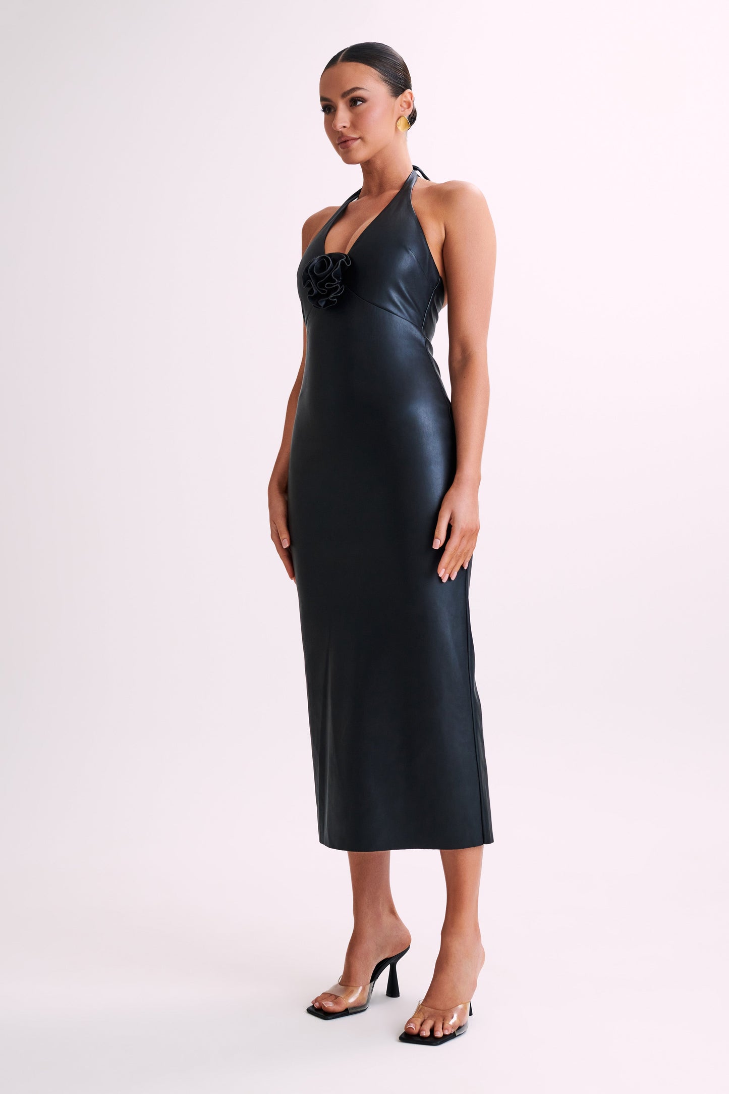 Vestido midi de imitación de cuero con lazo Dori en rosa - Negro