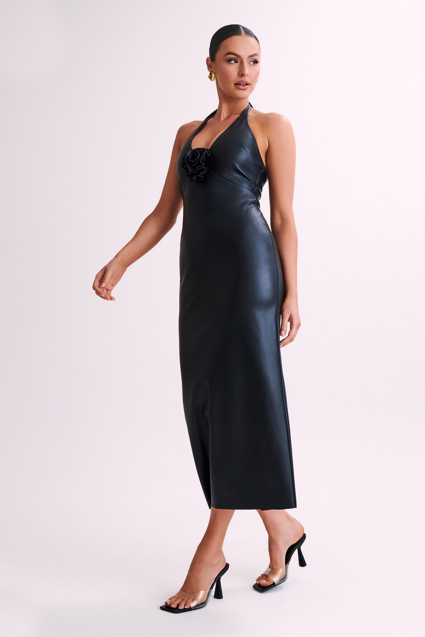 Vestido midi de imitación de cuero con lazo Dori en rosa - Negro
