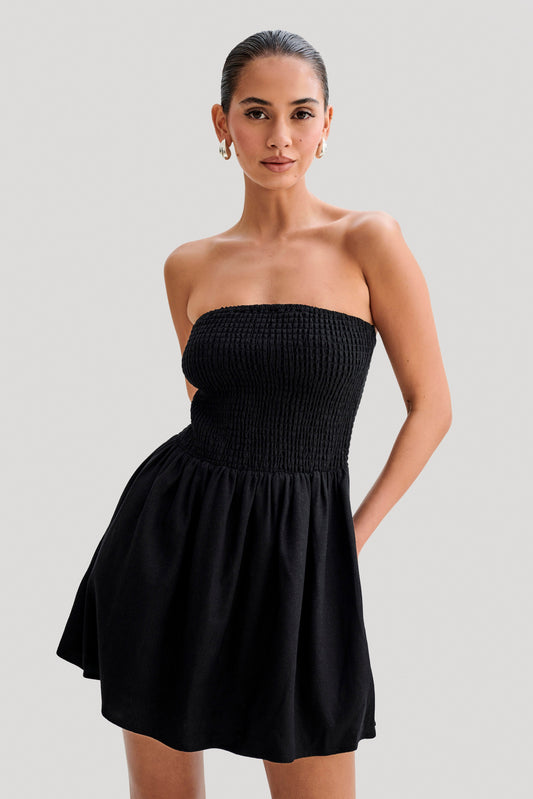 Vestido mini de lino Holland con fruncido - Negro