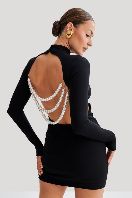 Vestido mini Agatha Crepe Pearl - Negro