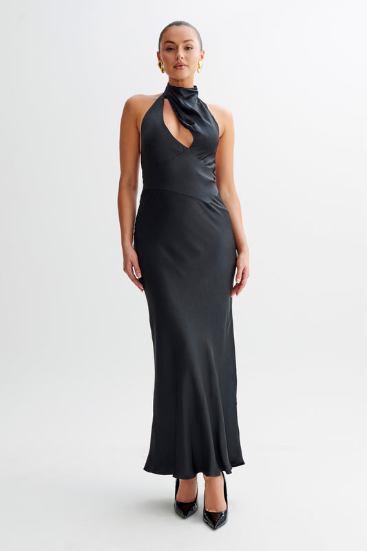 Vestido Maxi de Tirantes en Seda Belladona con Satin en Negro