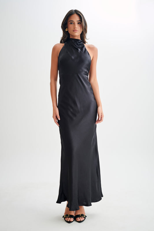 Vestido largo con escote a cowl satinado iridiscente Esther - Negro