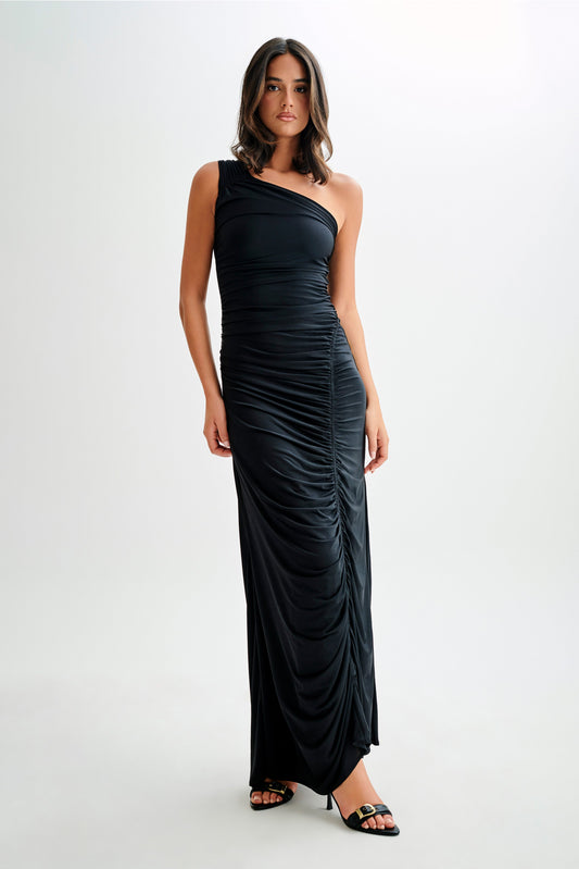 Vestido Maxi de Gasa con Detalles Recogidos Capri - Negro