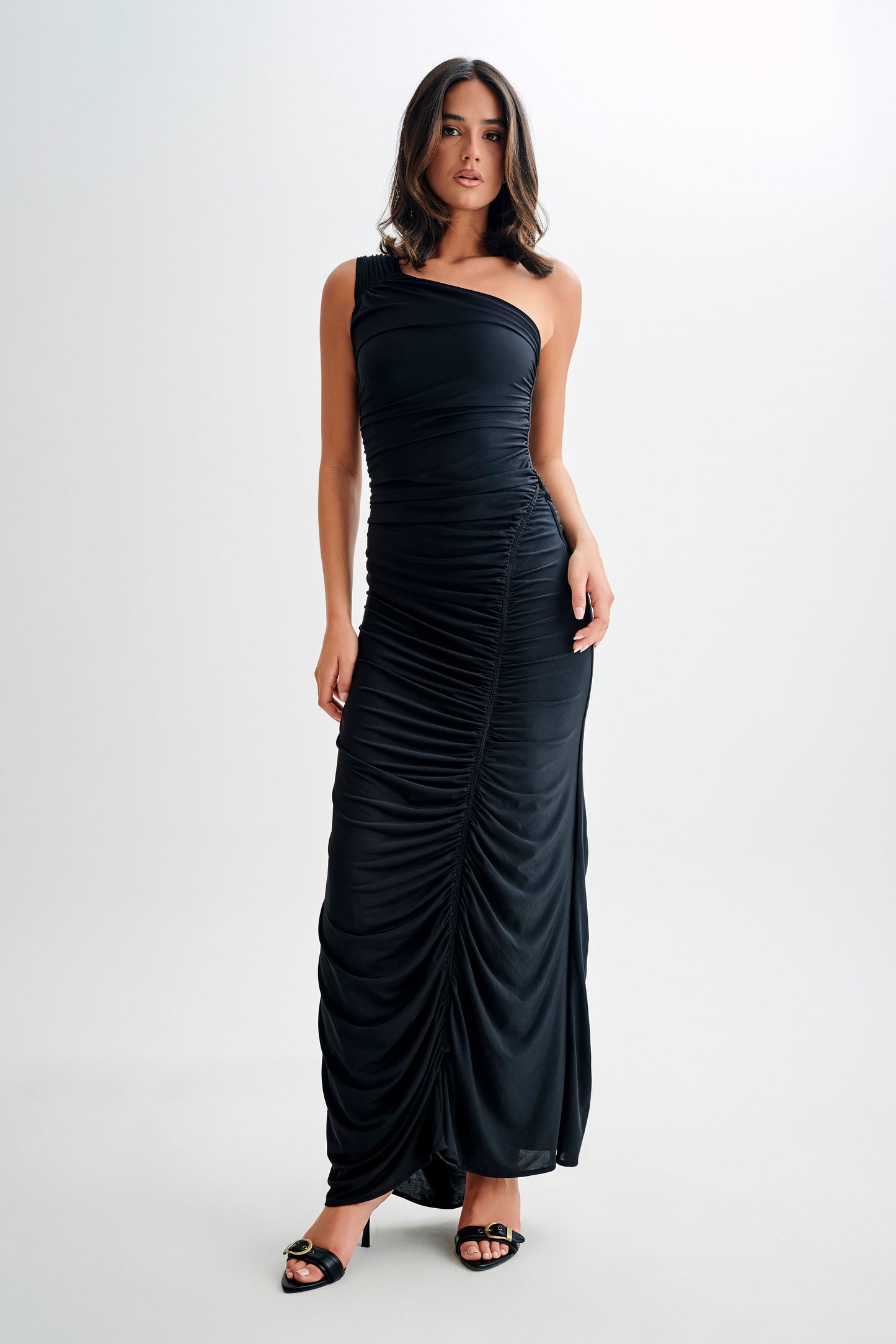 Vestido Maxi de Gasa con Detalles Recogidos Capri - Negro