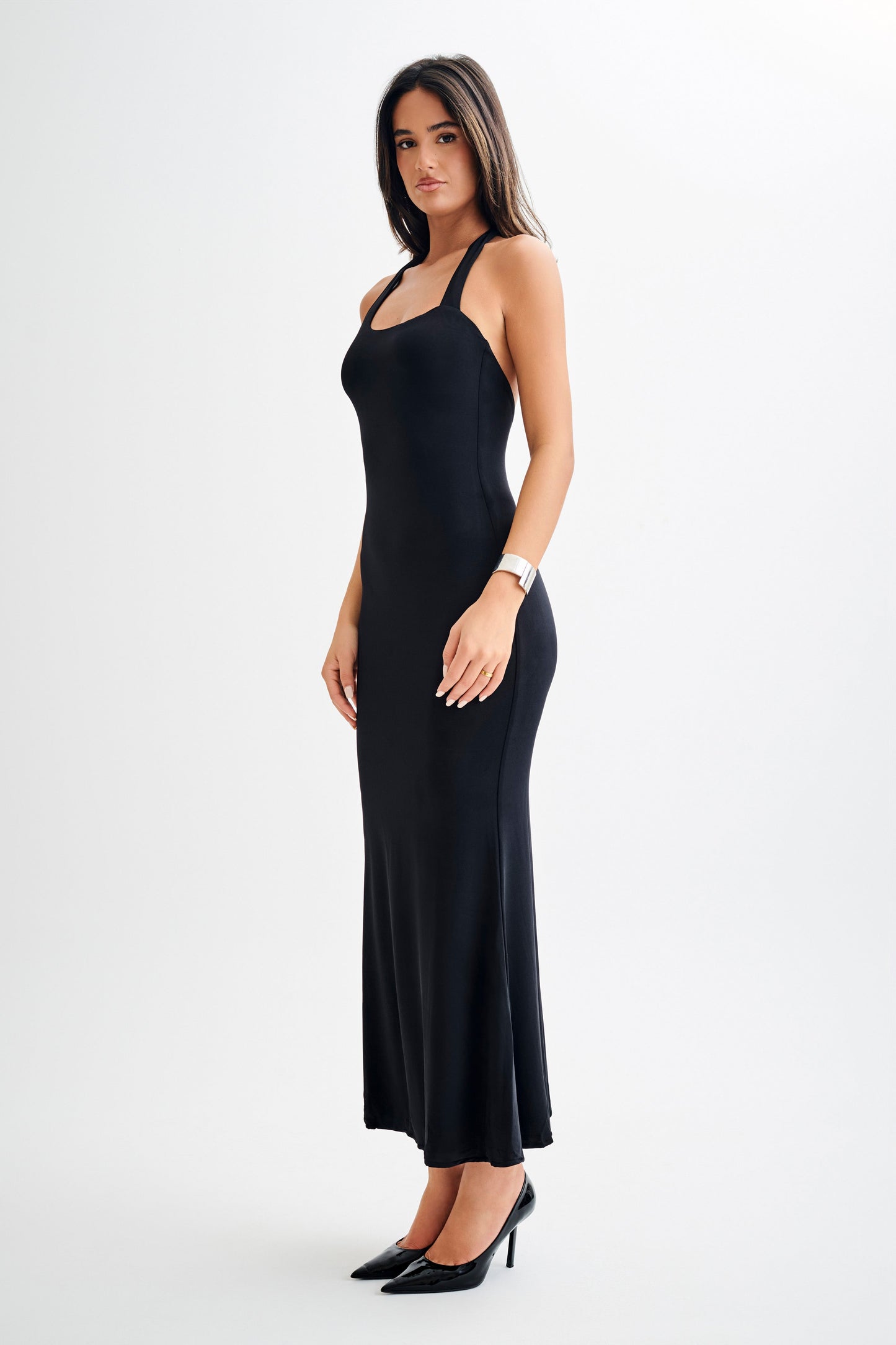 Vestido Maxi Asimétrico Slinky Marianne - Negro