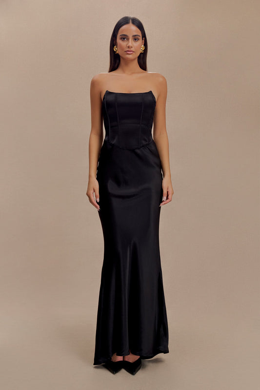 Vestido largo sin tirantes de satén Harlow - Negro