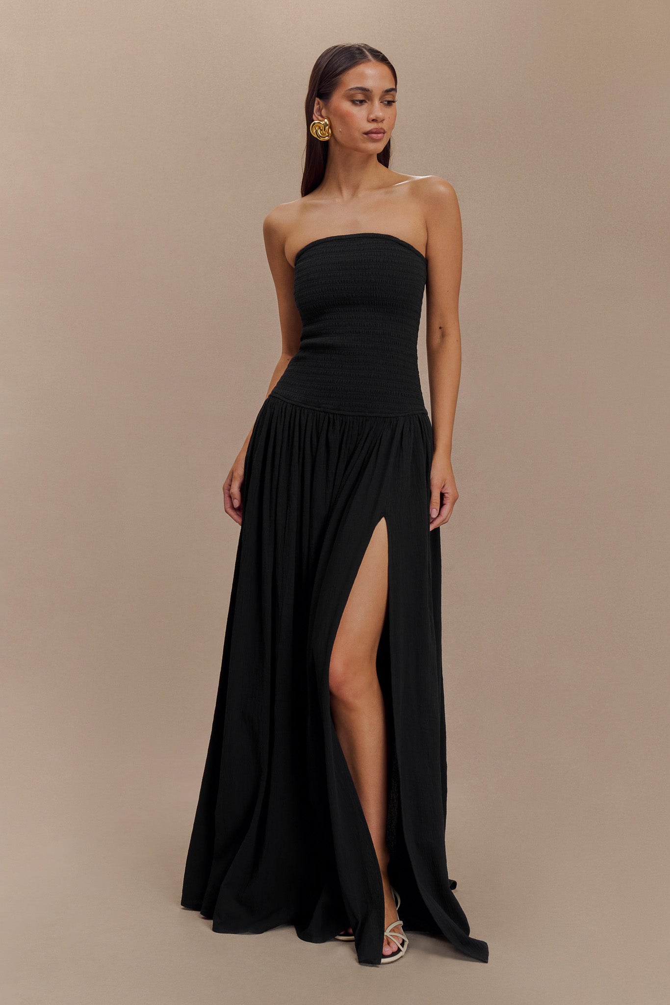 Vestido maxi de algodón Maureen con fruncido - Negro