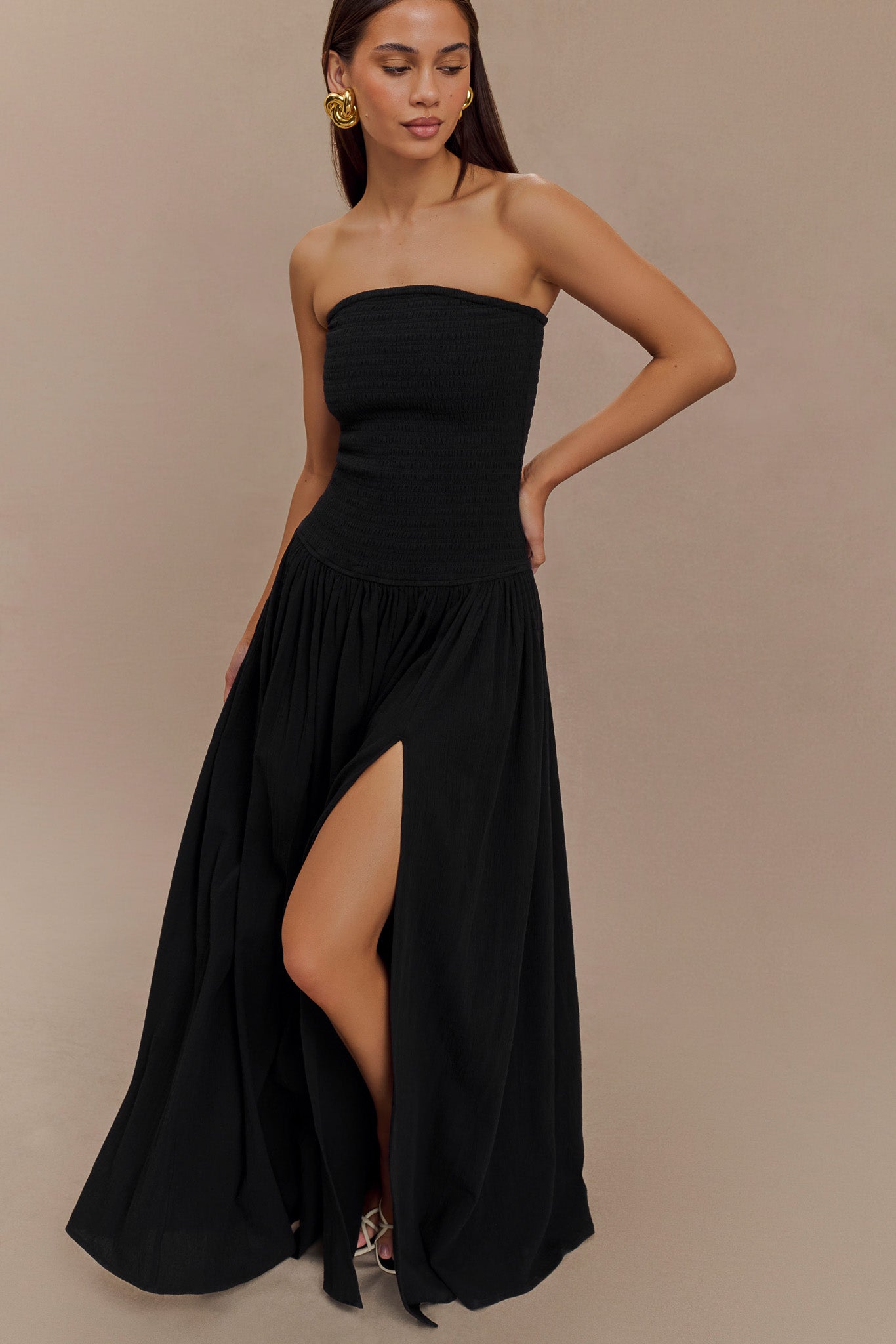 Vestido maxi de algodón Maureen con fruncido - Negro