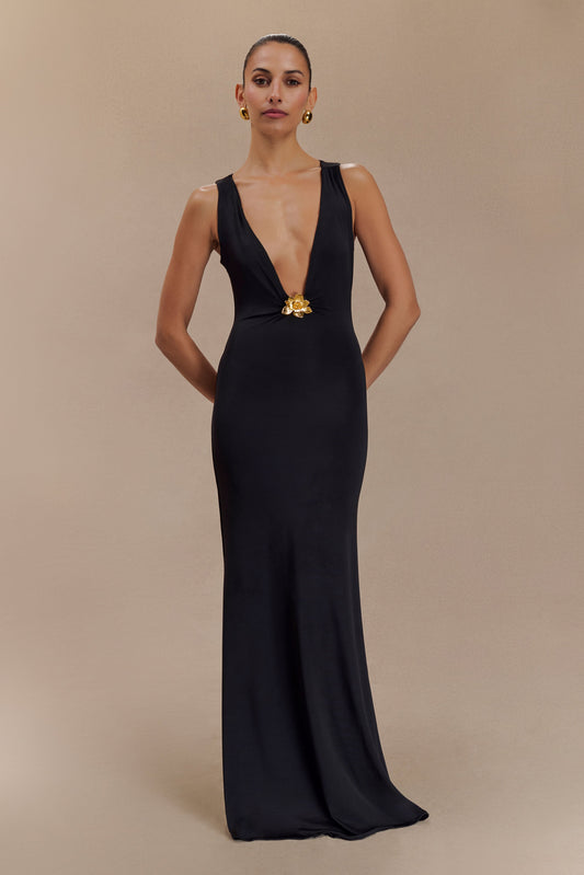 Vestido Maxi Beck Plunge con hardware floral - Negro