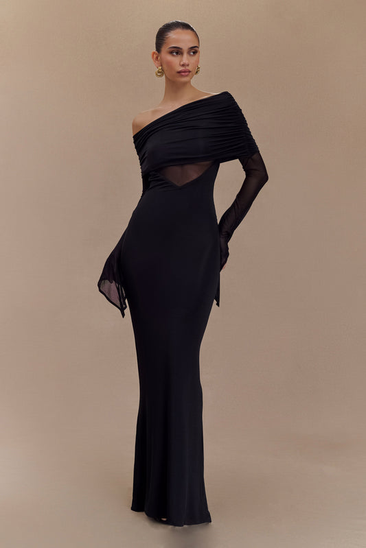 Vestido largo maxi de un solo hombro Kaitlin en silueta halter con malla - Negro