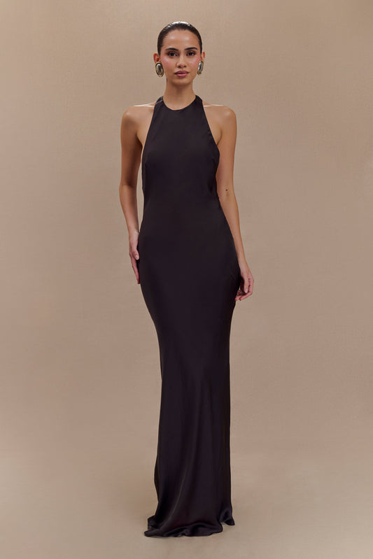 Vestido Maxilarga de Satén Rinna con Cuello Halter - Negro