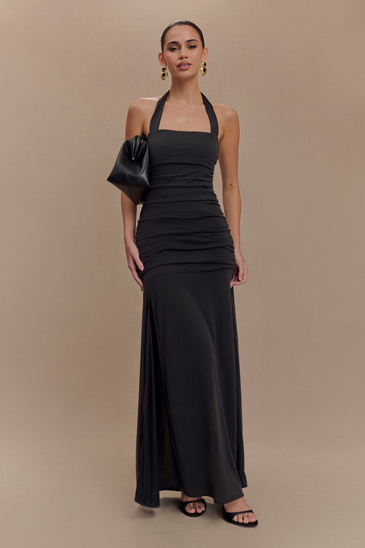 Vestido largo maxi halter de jersey con acabado en durazno Bentley - Negro