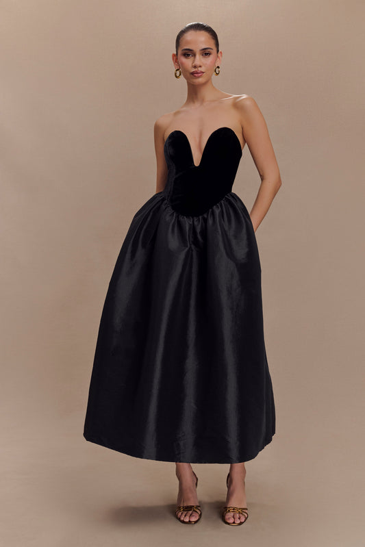 Vestido midi sin tirantes de terciopelo Flora - Negro