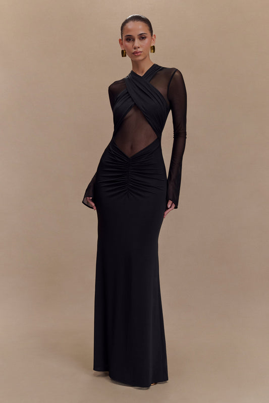 Vestido largo maxi de manga larga con lycra y malla Tania en negro