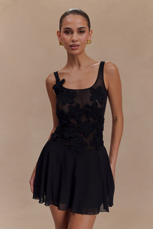 Vestido Mini de Malla Melanie con Flores - Negro