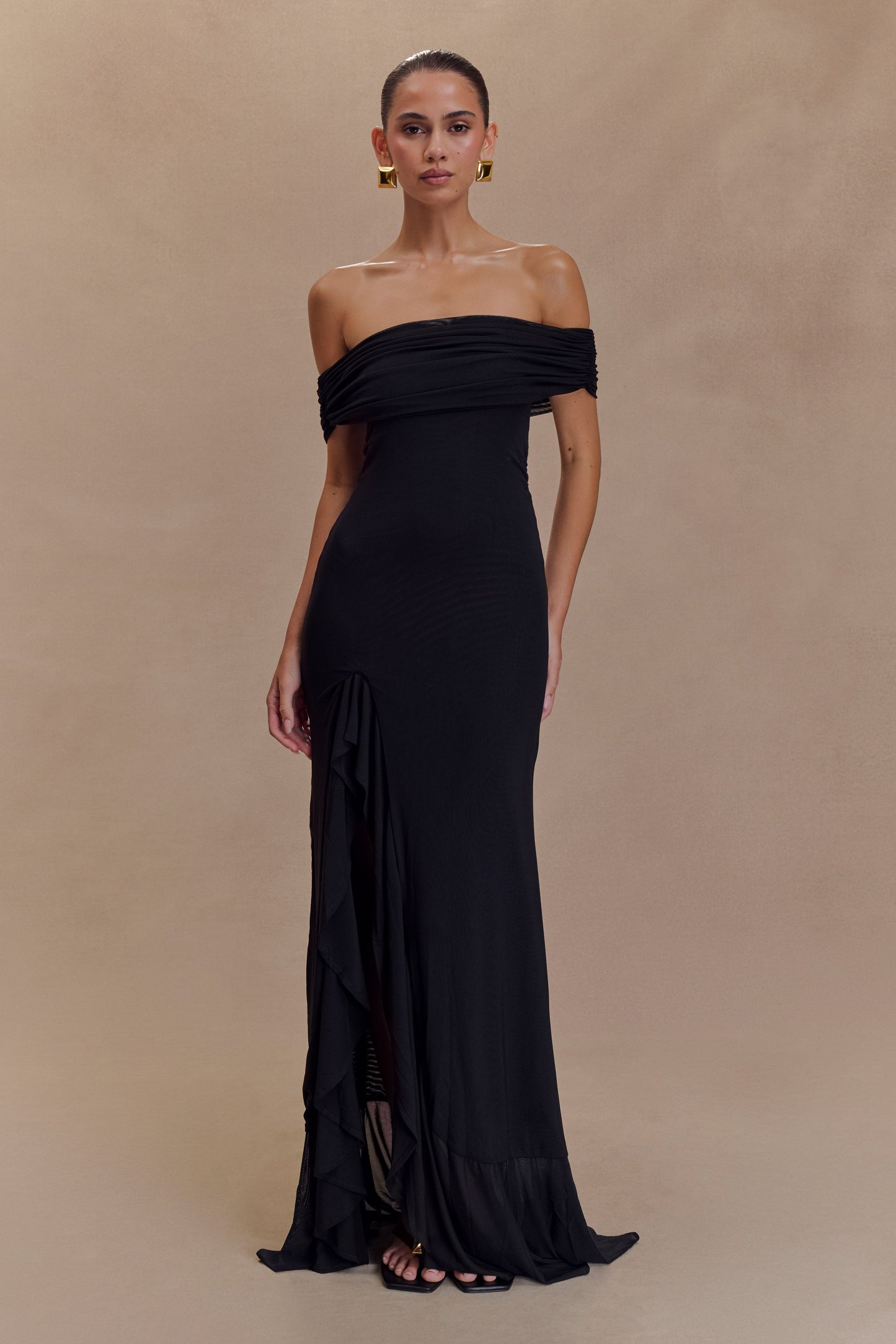 Vestido largo con malla y hombros descubiertos Audrey - Negro
