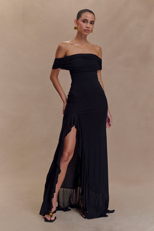 Vestido largo con malla y hombros descubiertos Audrey - Negro