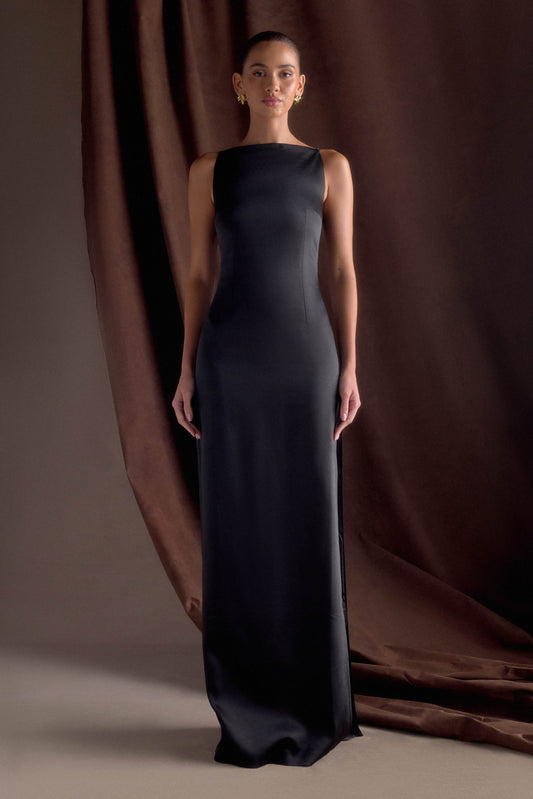 Vestido largo de satén sin mangas color violeta - negro