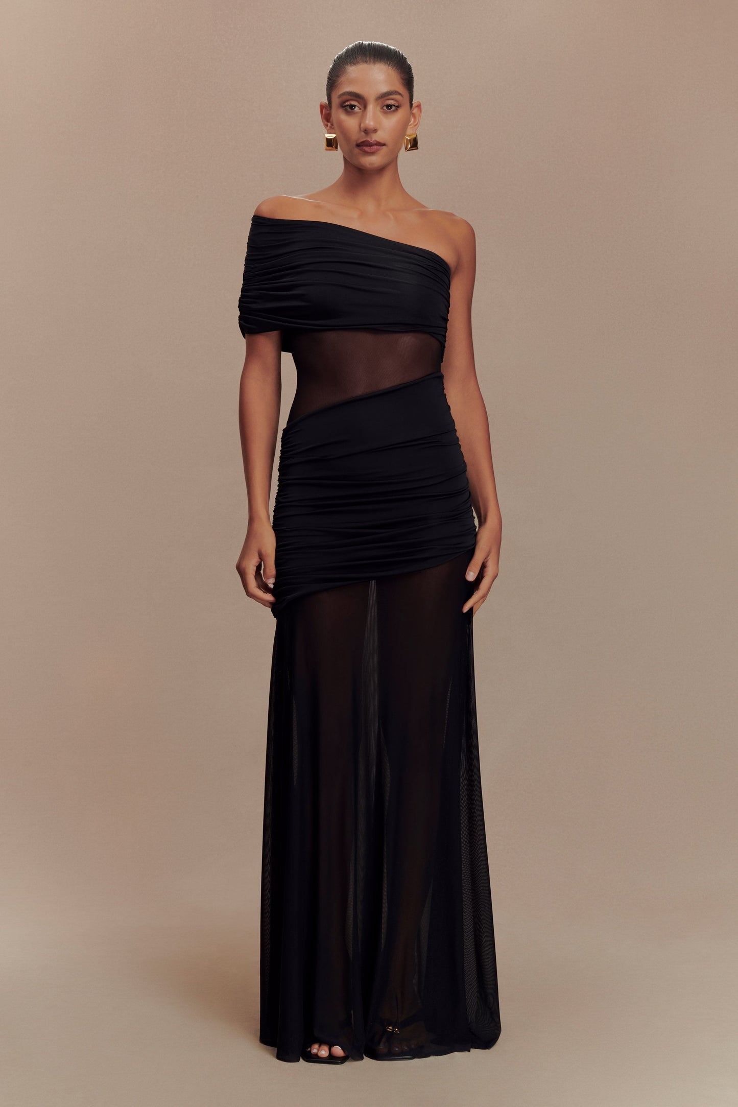 Vestido Maxi de Red con Un Hombro de Malla Dallas