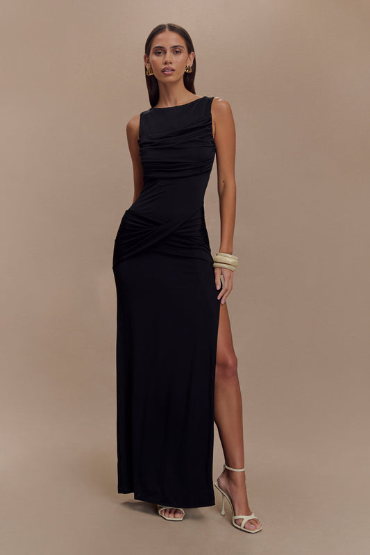 Vestido largo maxi de caída fluida Henley Slinky - Negro