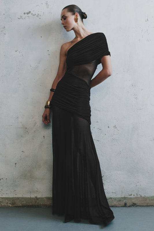 Vestido Maxi de Red con Un Hombro de Malla Dallas