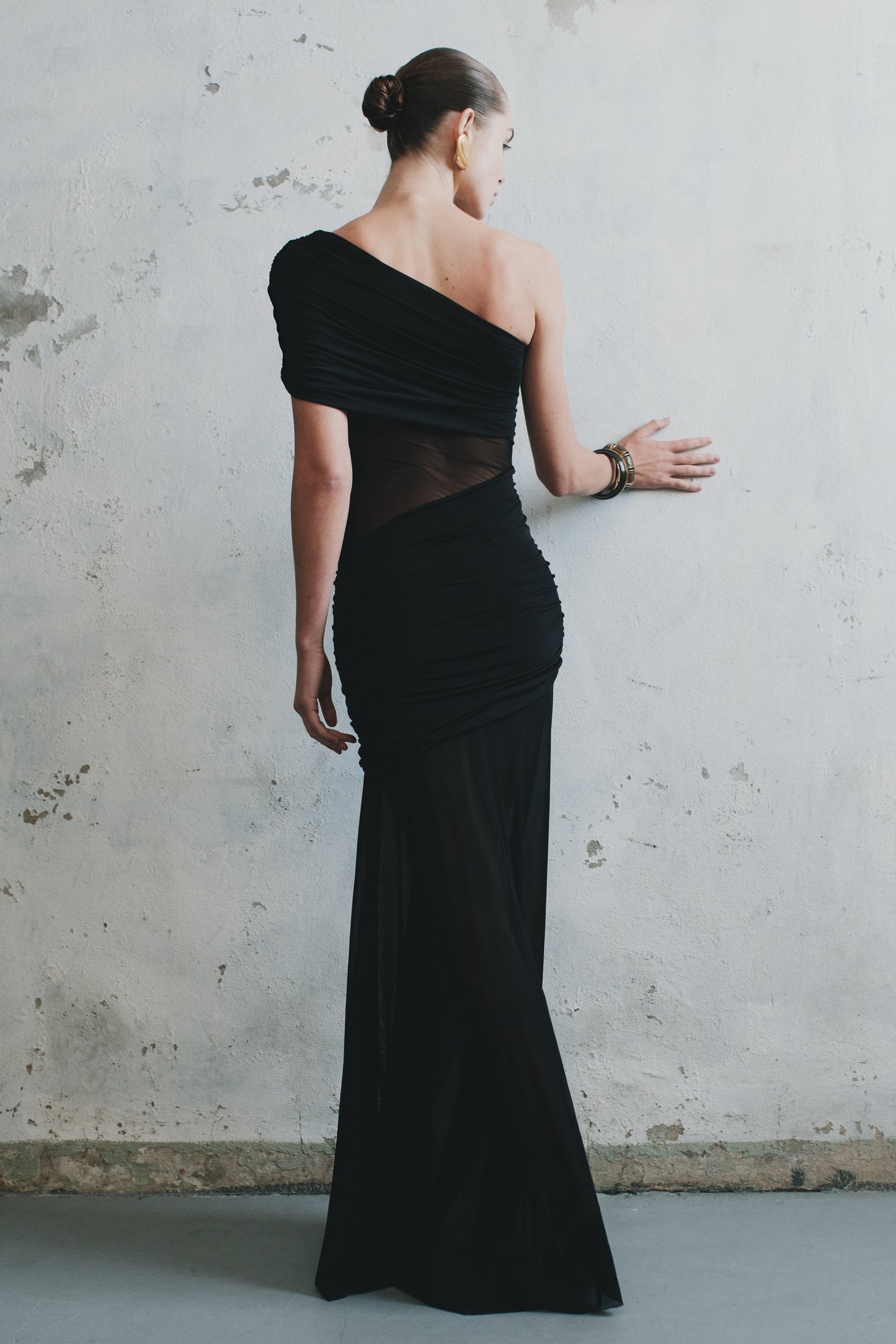 Vestido Maxi de Red con Un Hombro de Malla Dallas