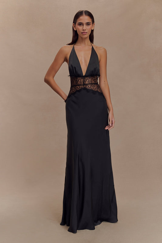 Vestido largo de encaje y satén Dinah - Negro