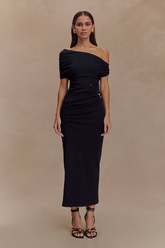 Vestido midi de neopreno Kendra con hardware - Negro