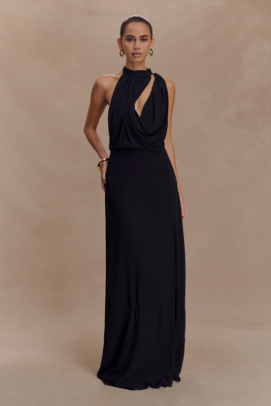 Vestido maxi con cuello papaya Galia - Negro
