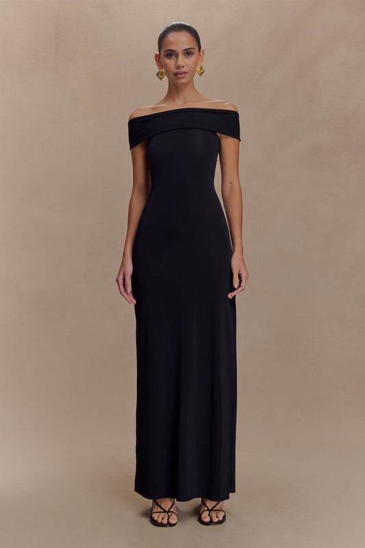 Vestido largo dividido con malla y resorte Aurora - Negro