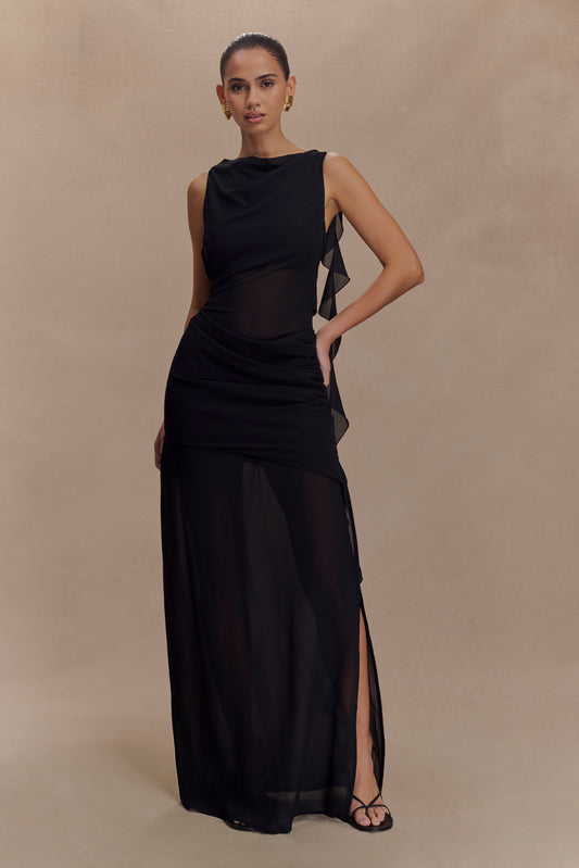 Vestido maxi de gasa drapeada Daria - Negro