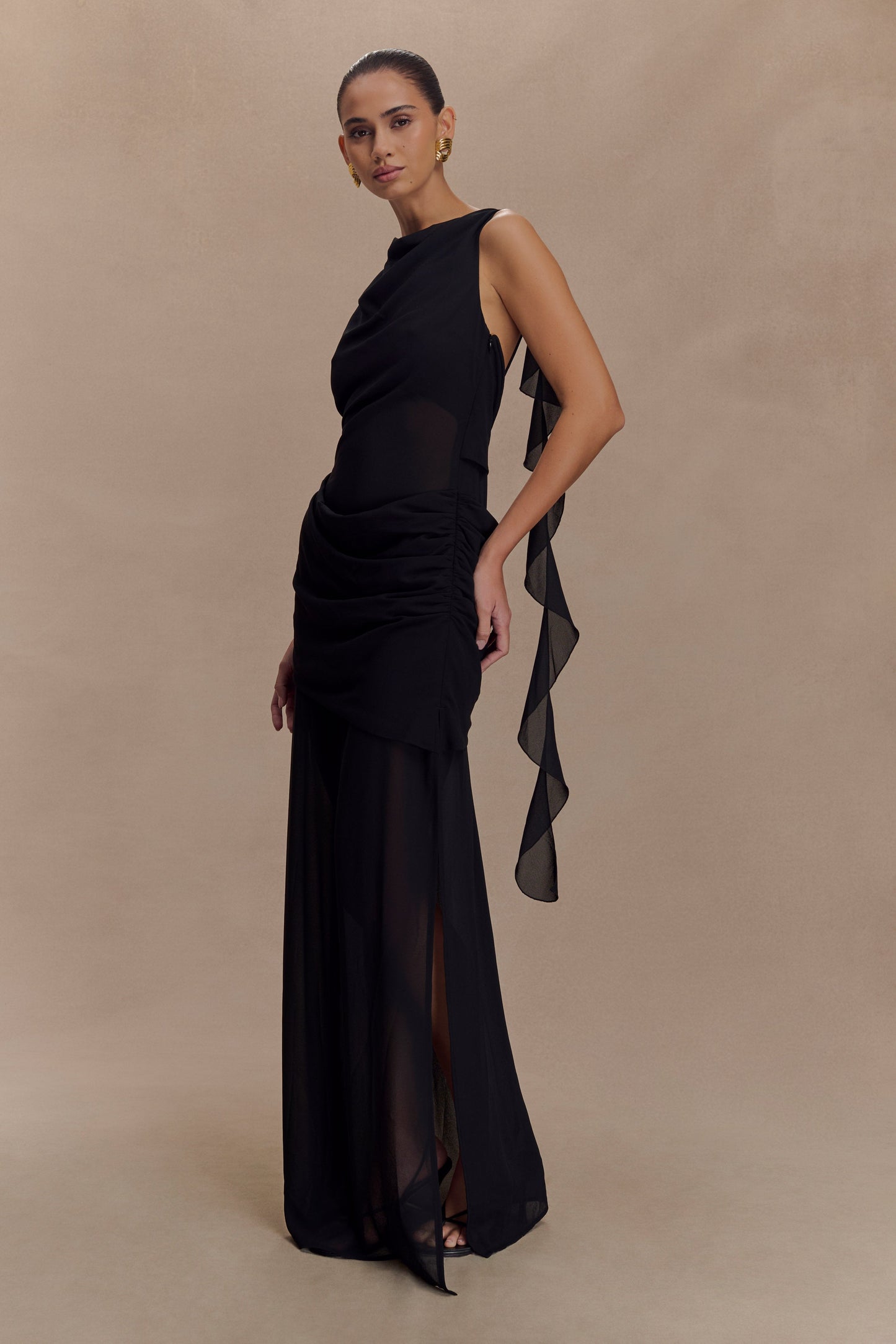 Vestido maxi de gasa drapeada Daria - Negro