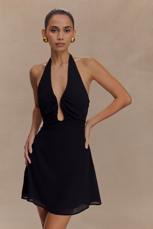Vestido Mini de Gasa con Cuello Halter Malakhai - Negro
