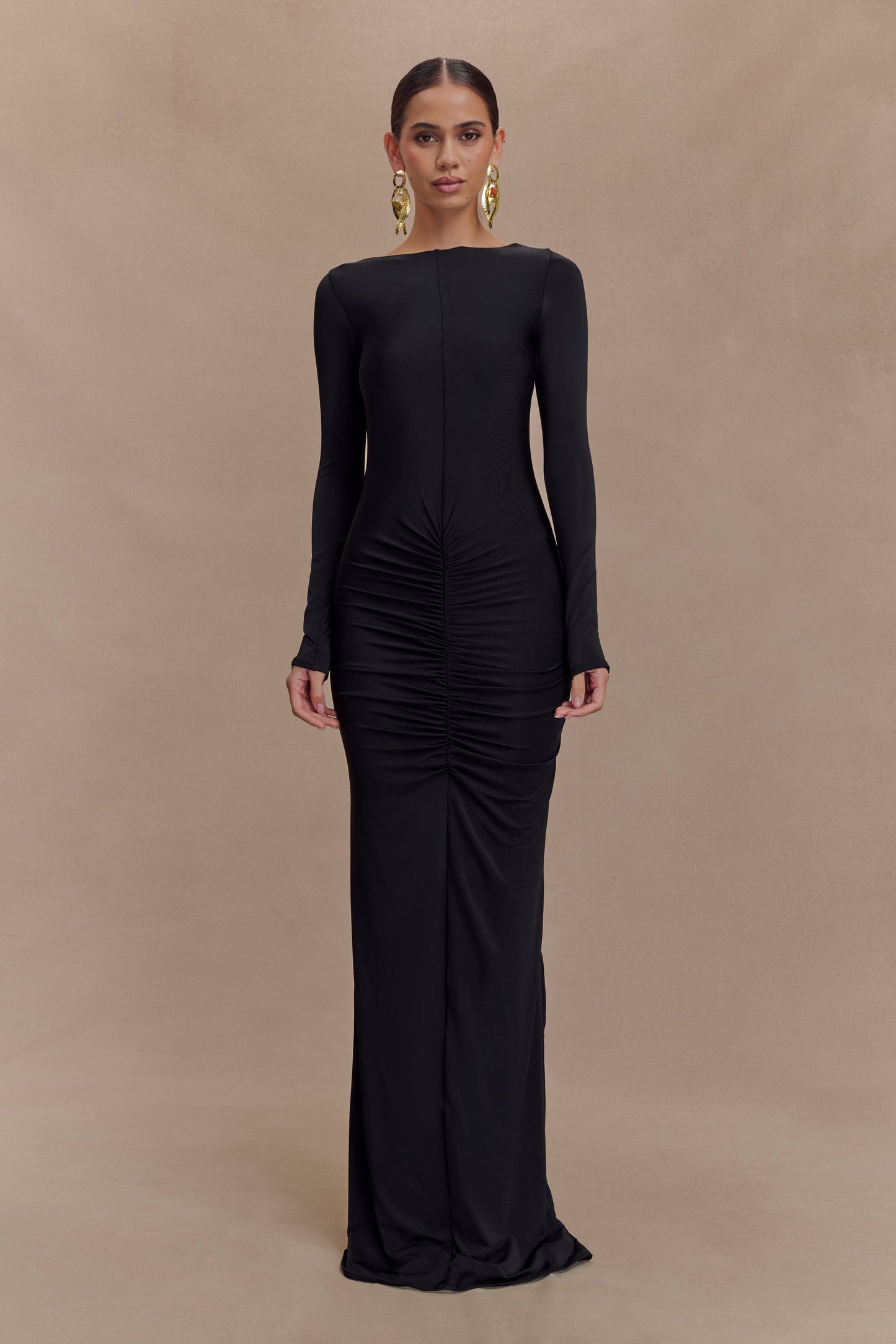 Vestido largo de manga larga en forma de bombé Louisa - Negro