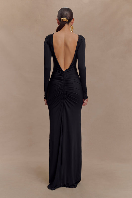 Vestido largo de manga larga en forma de bombé Louisa - Negro