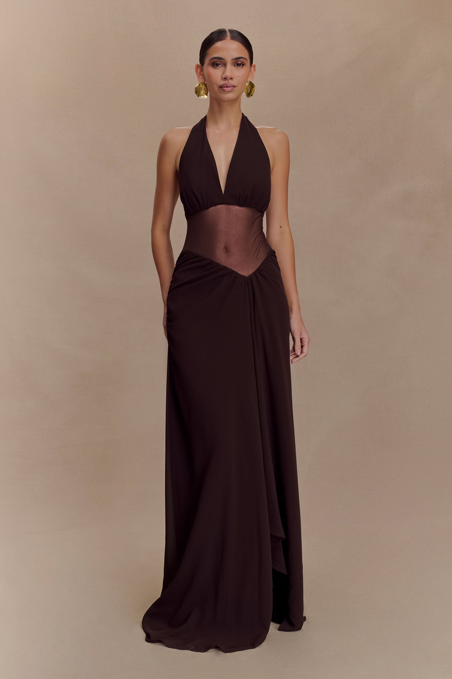 Vestido maxi de gasa y malla Jonna - Chocolate oscuro