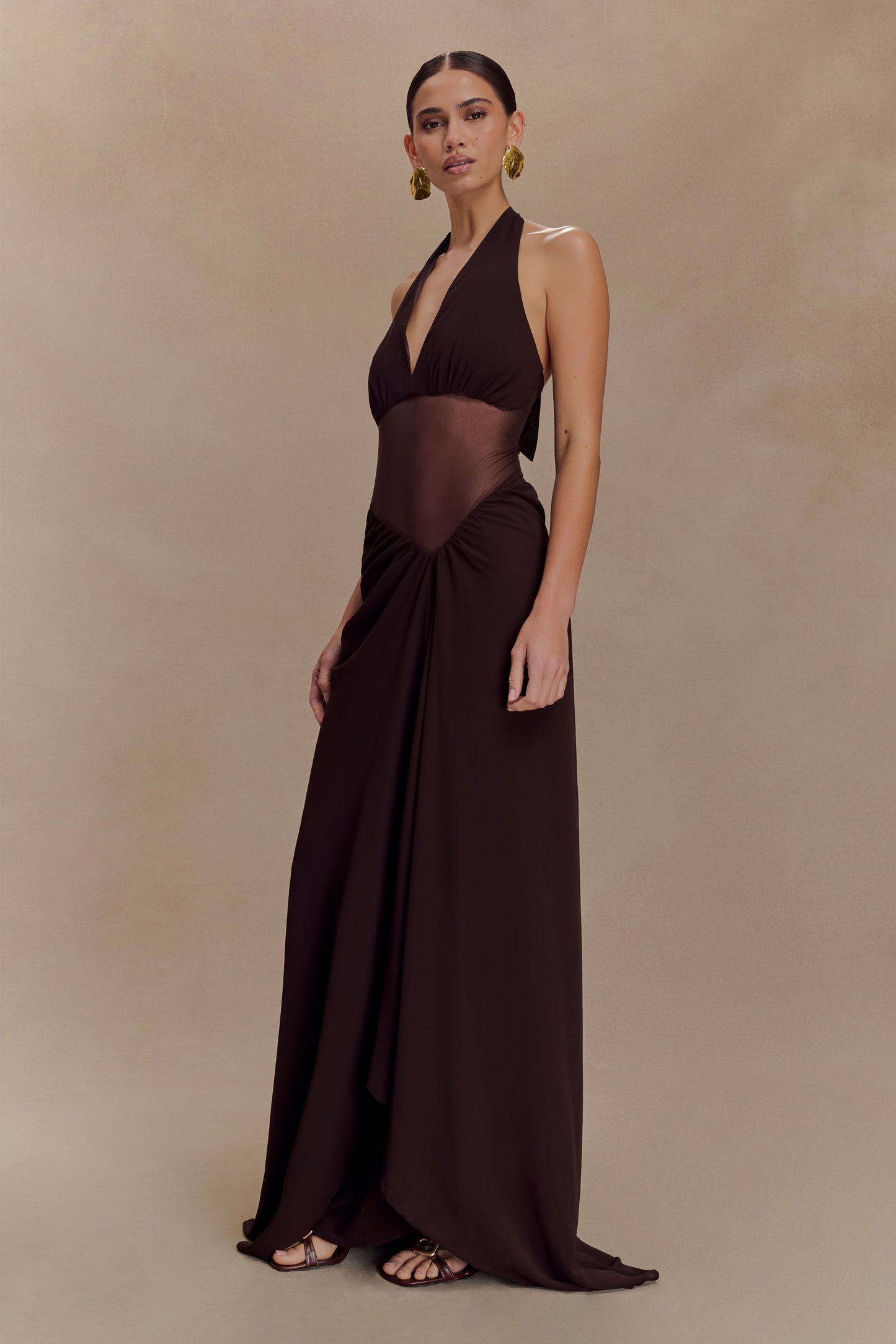 Vestido maxi de gasa y malla Jonna - Chocolate oscuro