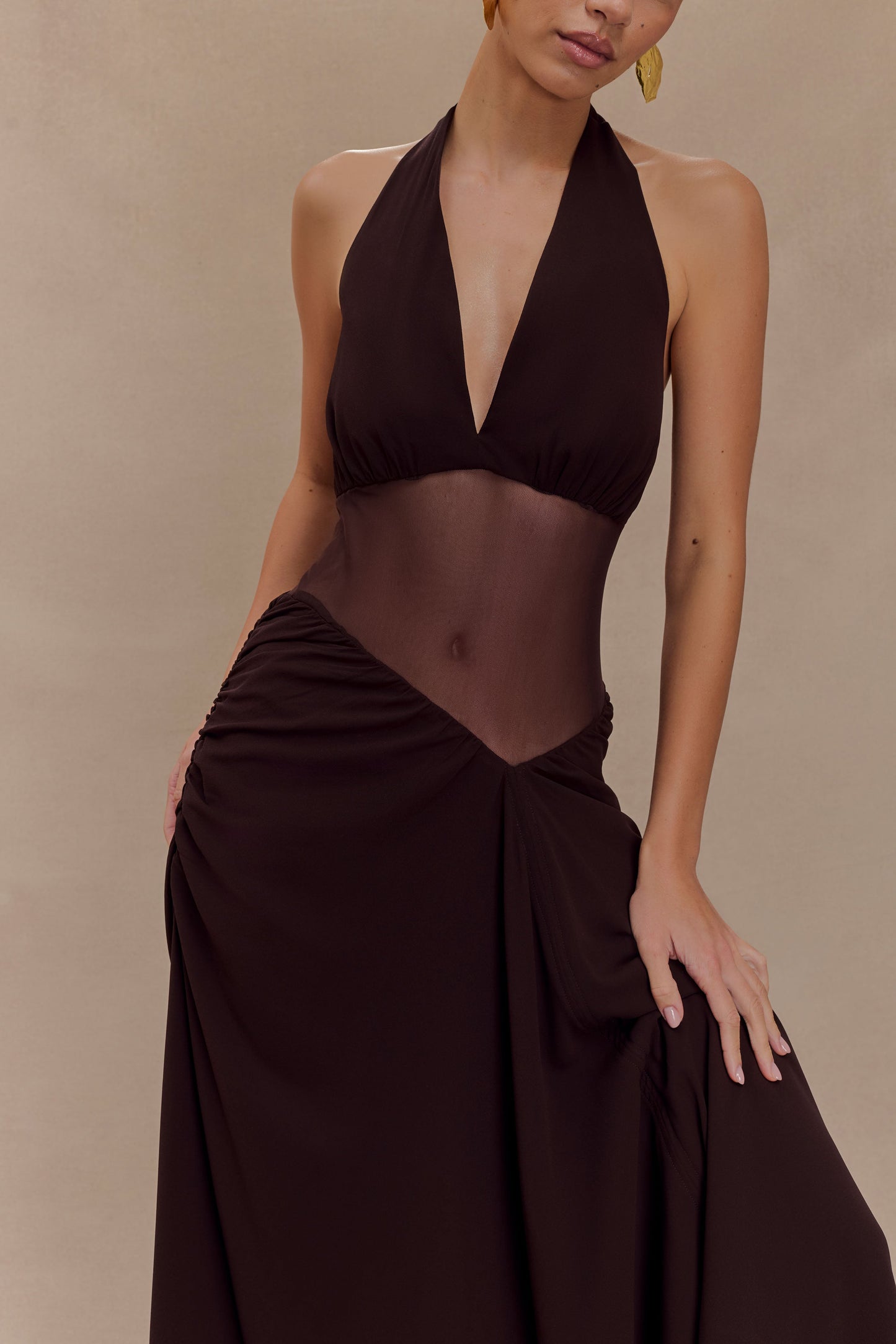 Vestido maxi de gasa y malla Jonna - Chocolate oscuro