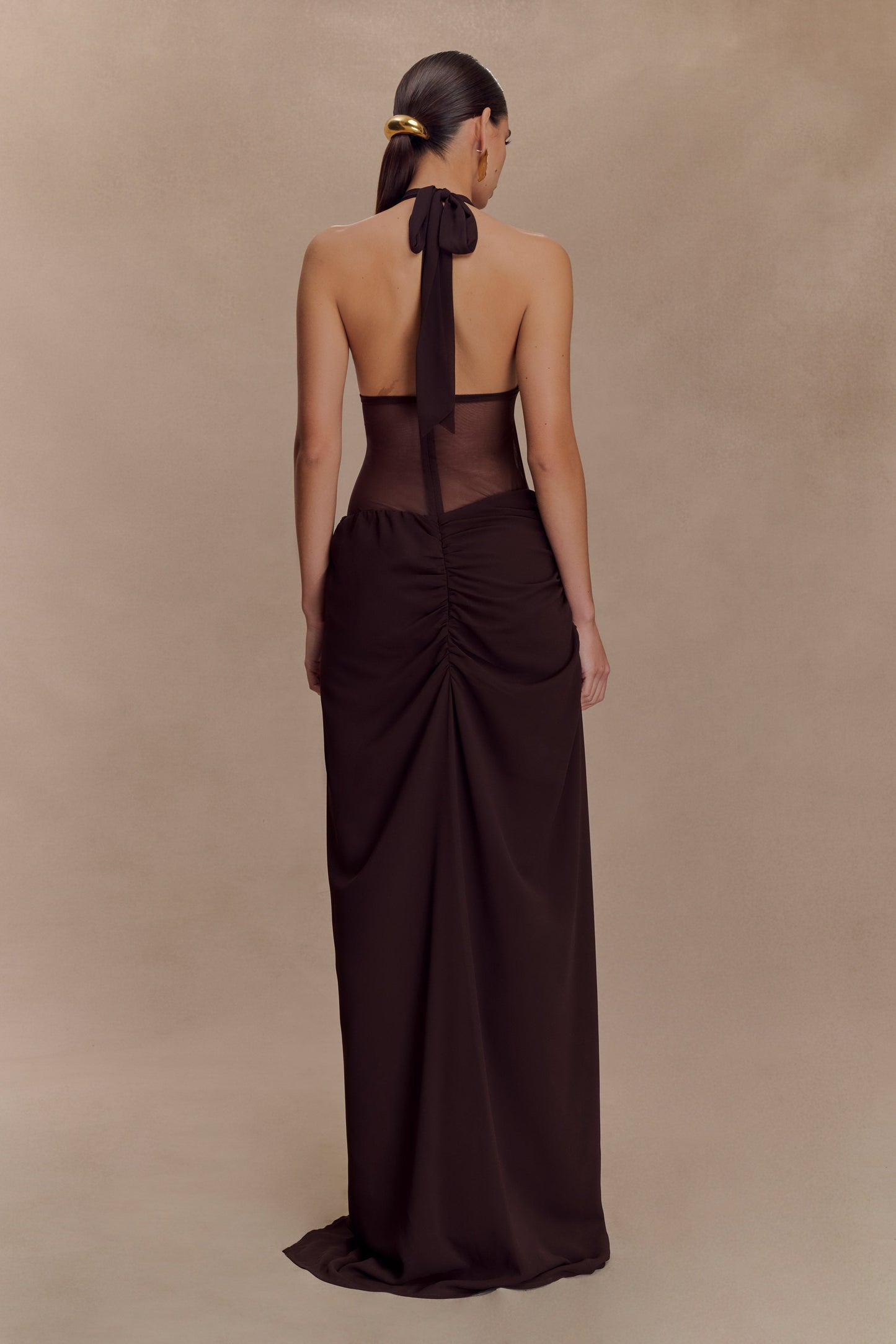Vestido maxi de gasa y malla Jonna - Chocolate oscuro